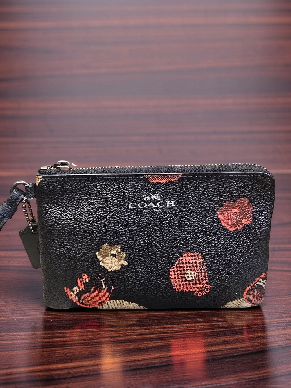 COACH Black Floral Corner Zip Wristlet F55824 With Hangtag